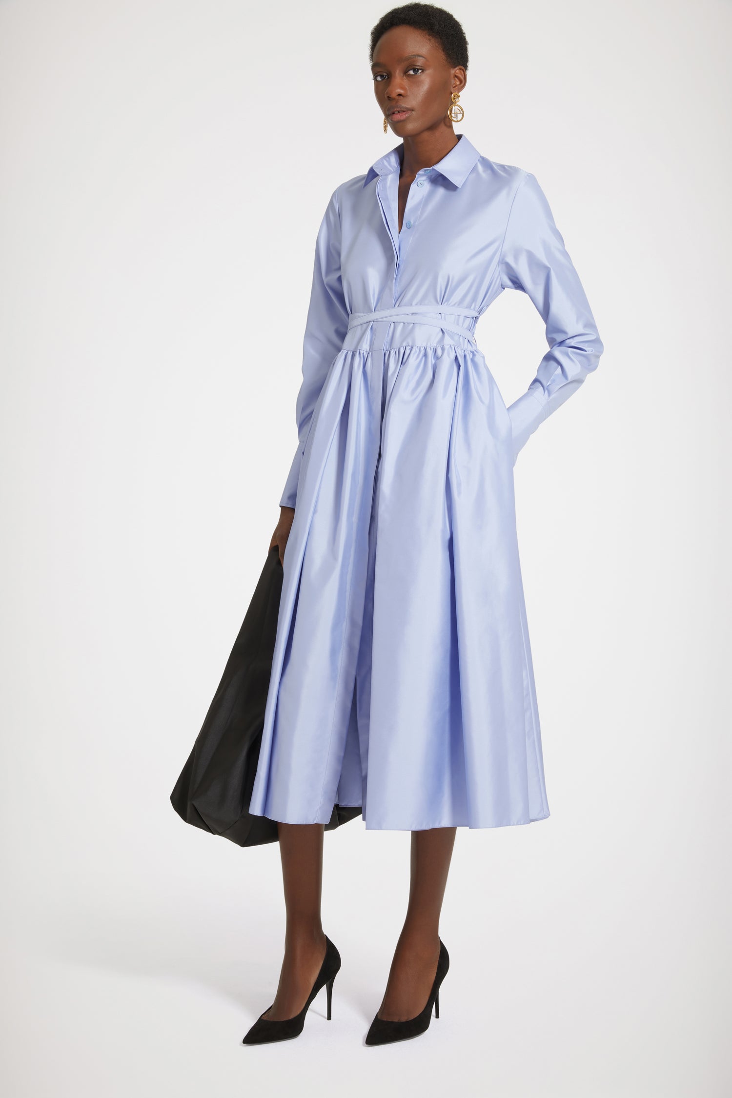 Patou robe chemise midi satin Alaska Blue 38 ceinturée