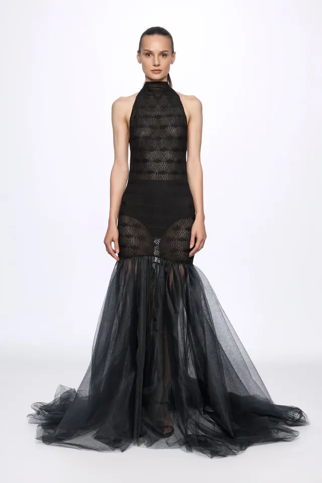 ATU Body Couture robe longue halter tulle noir S
