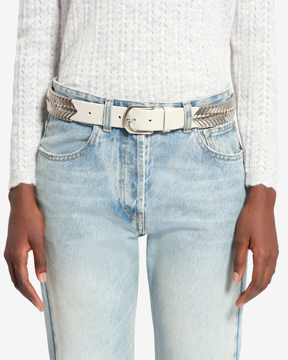 Isabel Marant Tehora ceinture cuir écru-argenté 3,5 cm