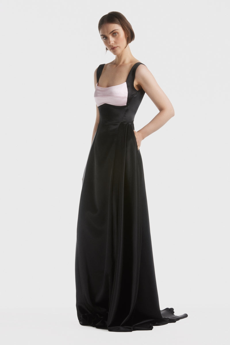 ATU Body Couture robe longue satin noire bonnets roses corset