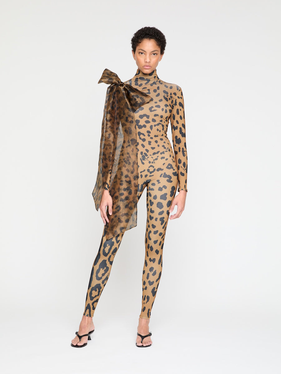 ATU Body Couture catsuit léopard tigre noeud épaule col montant