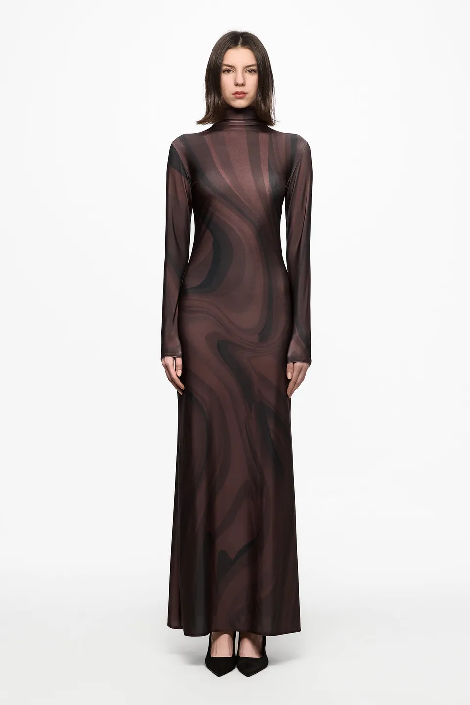 ATU Body Couture Roll-Neck Chocolate Print robe marron maxi