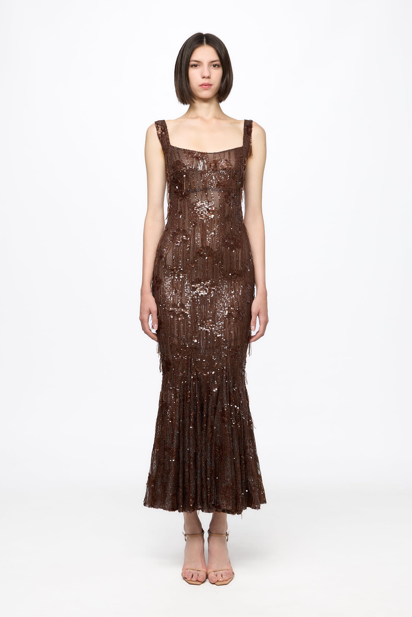 ATU Body Couture Sequins and Feathers robe longue sirène marron taille S