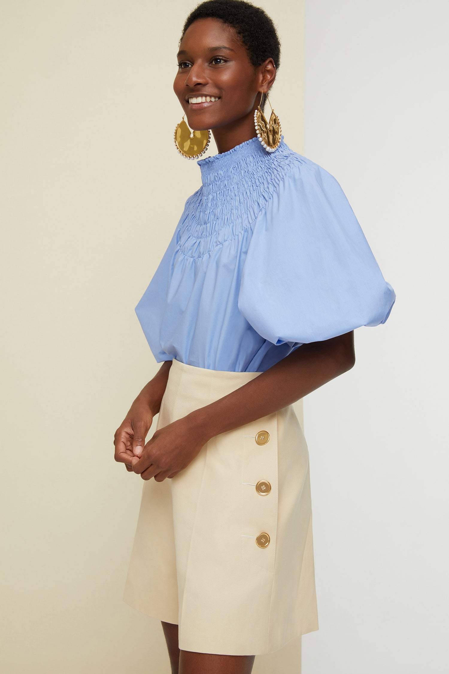 Patou P20TO0040017620B top court bleu coton smocké