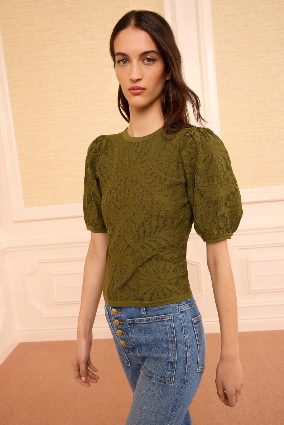 Ulla Johnson Carina Top Moss Jacquard Manches Courtes