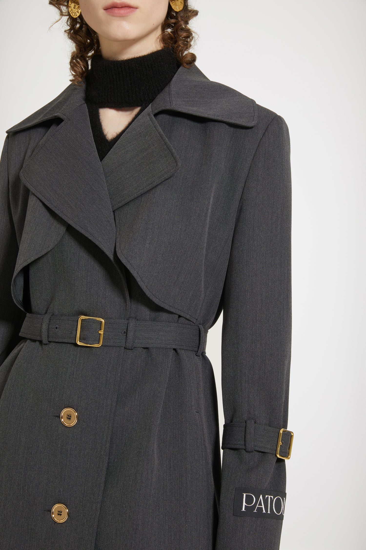 Patou OU025 trench anthracite twill laine ceinturé genou