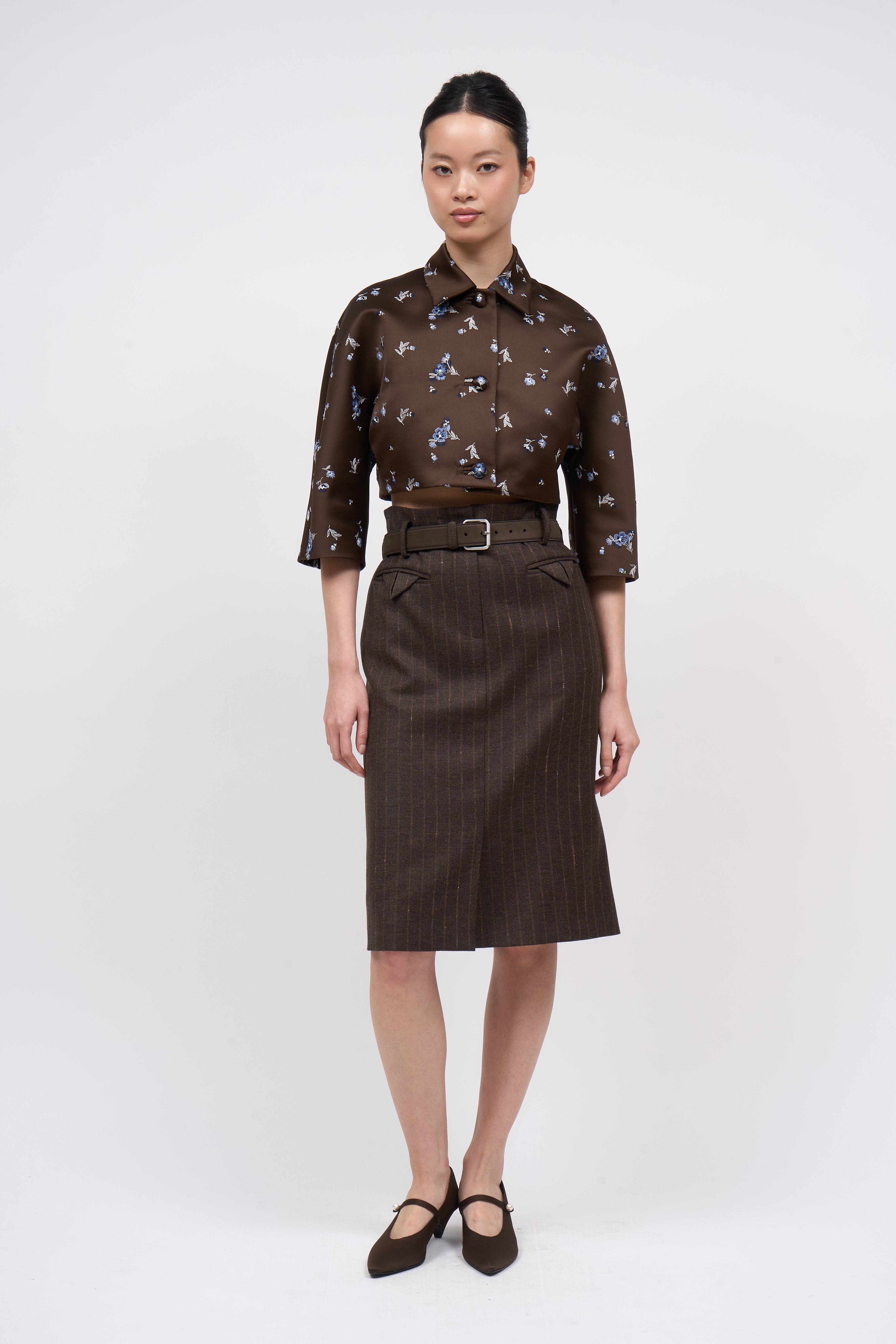 Paul & Joe Sixtine Jupe twill laine rayé ceinture daim