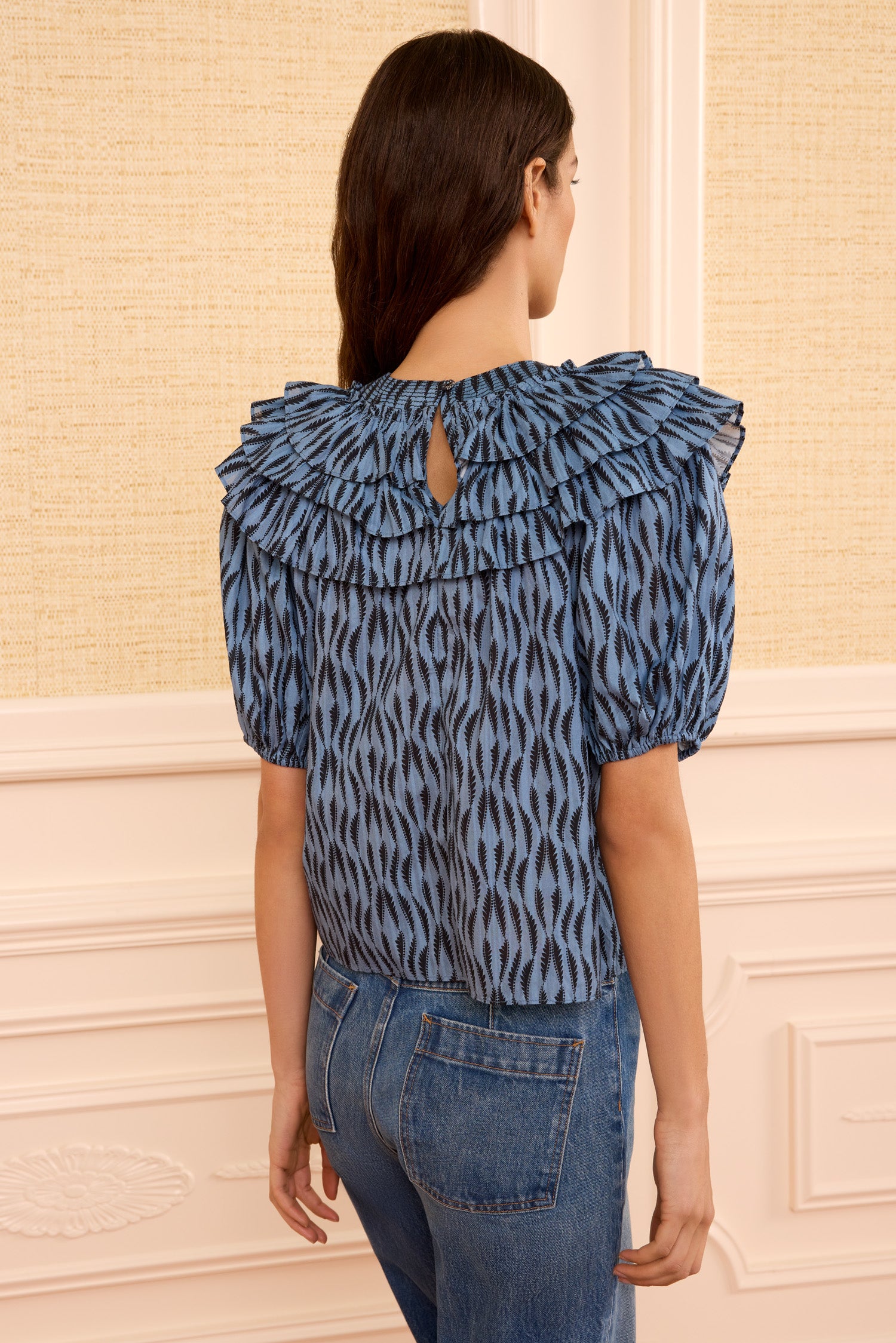 Ulla Johnson Mira haut coton bleu Tidal manches bouffantes