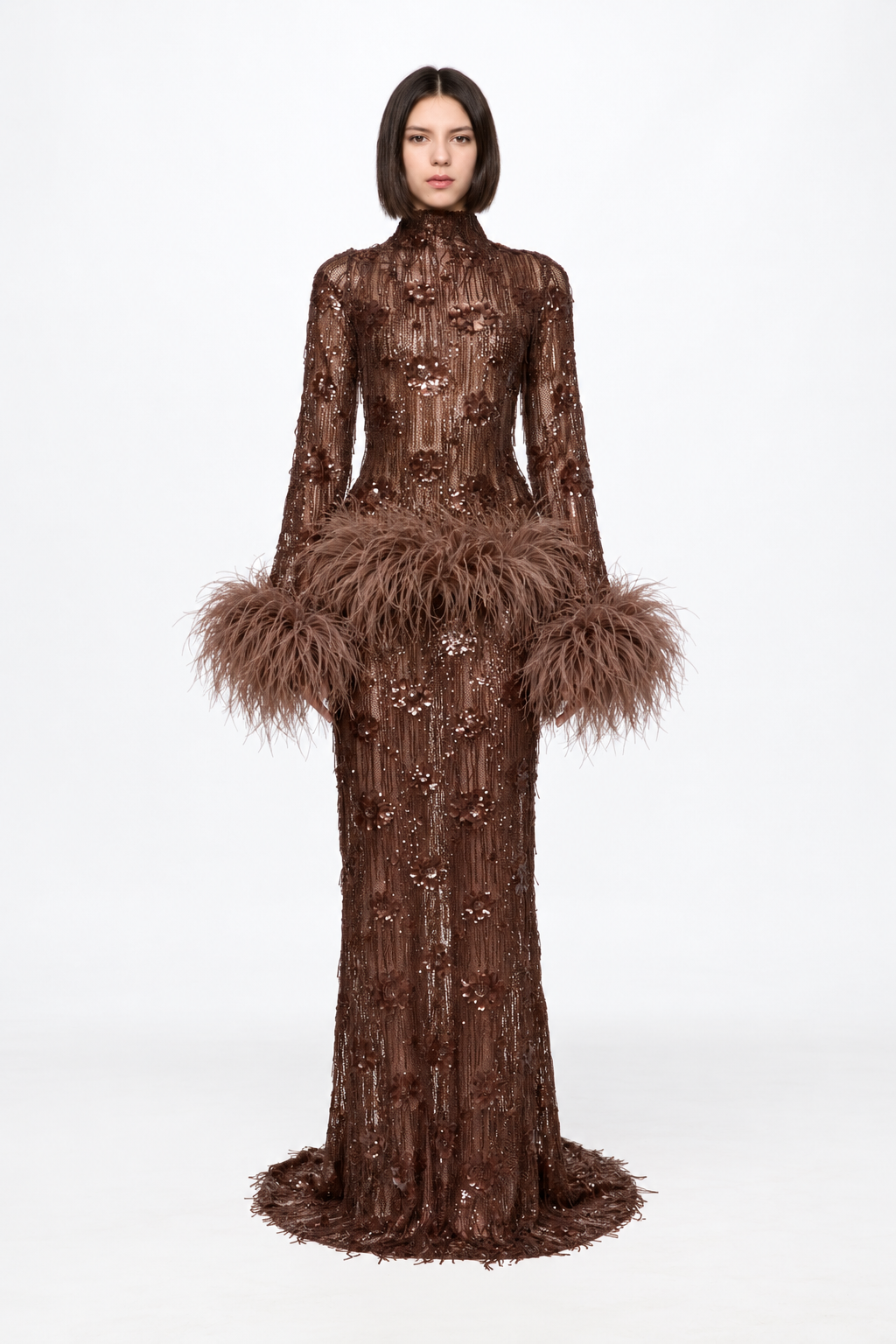ATU Body Couture Sequins and Feathers robe chocolat plumes S