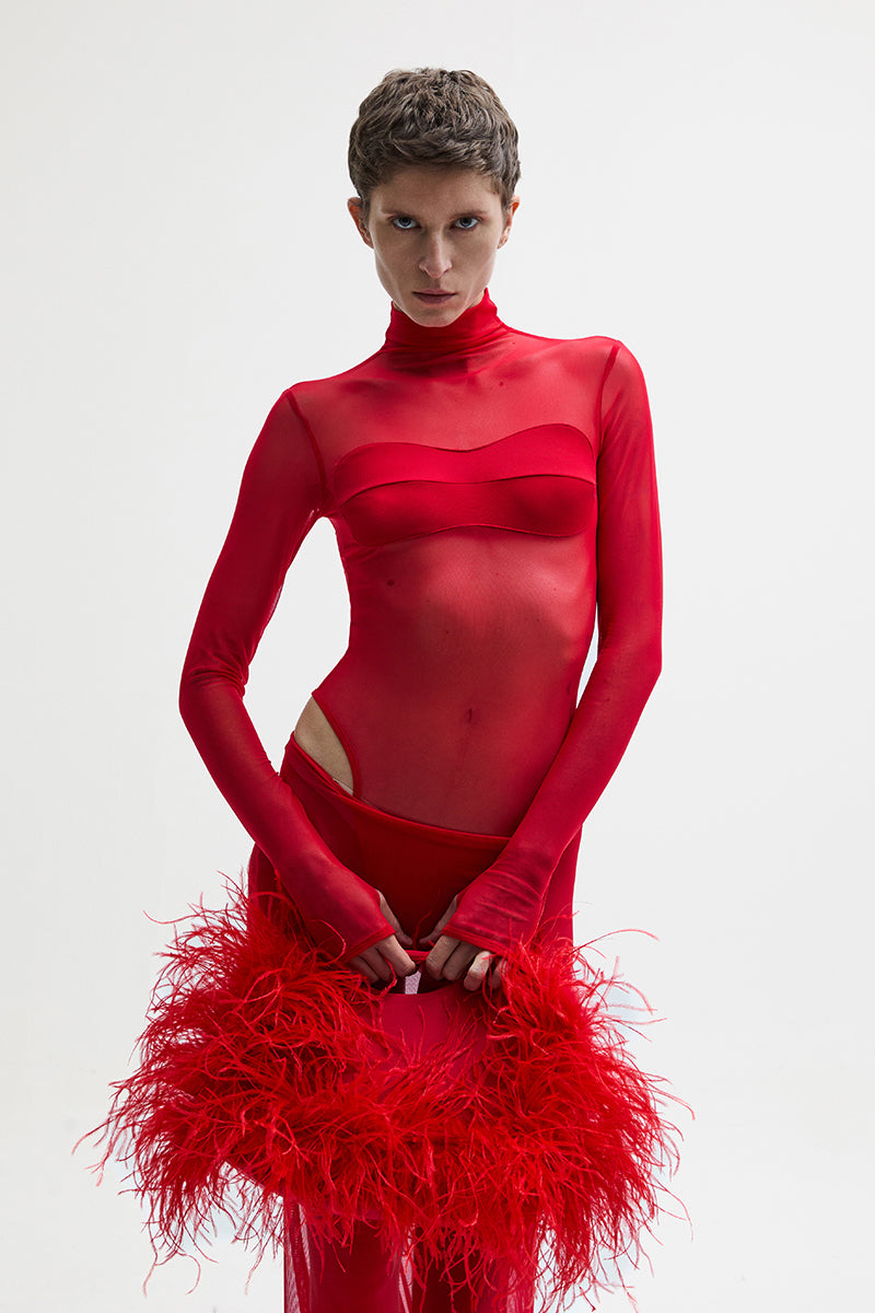 ATU Body Couture CRESTED pochette rouge oversize plumes