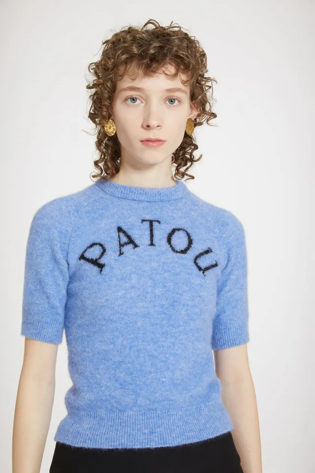 Patou H23KN1498065632B top alpaga bleu jacquard manches courtes