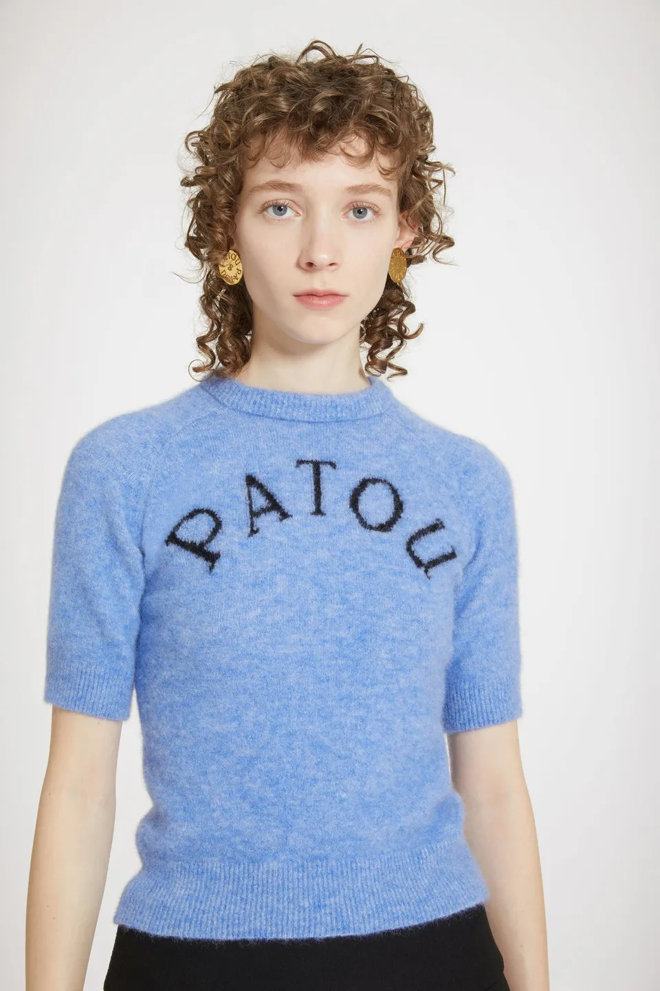 Patou H23KN1498065632B top alpaga bleu jacquard manches courtes