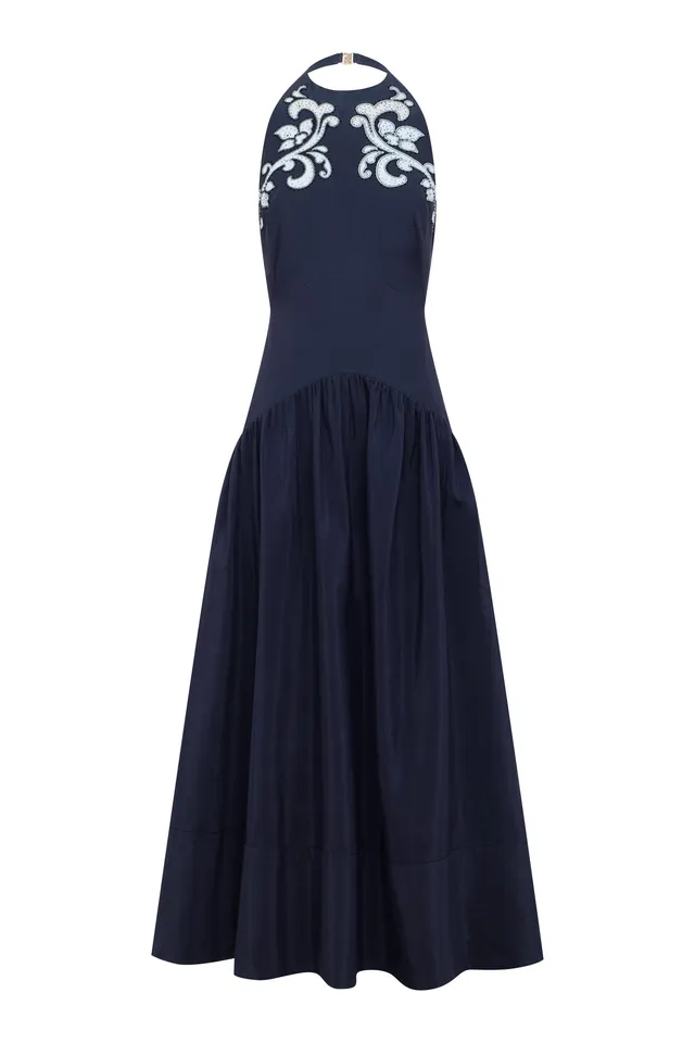 Alemaïs Dillon robe longue halter appliqué perlé