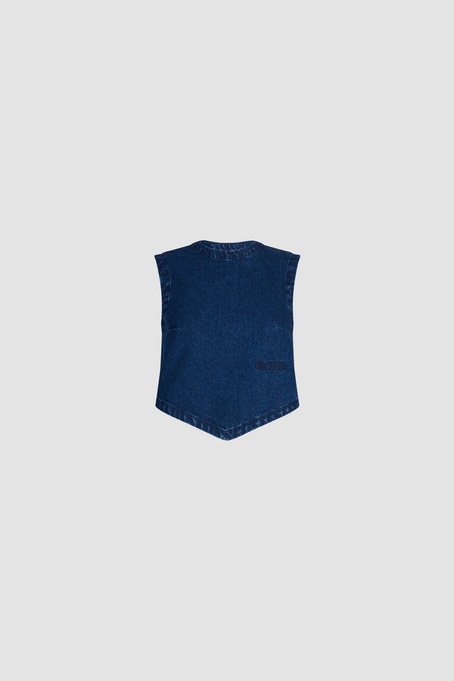 Patou TO161 top denim coton Ink Blue cropped dos noué