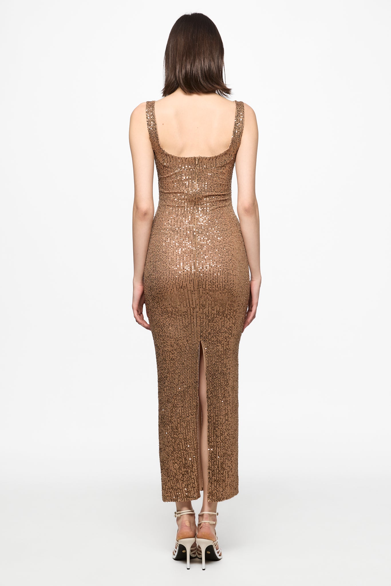 ATU Body Couture Sequins and Feathers robe midi sequins marron taille S