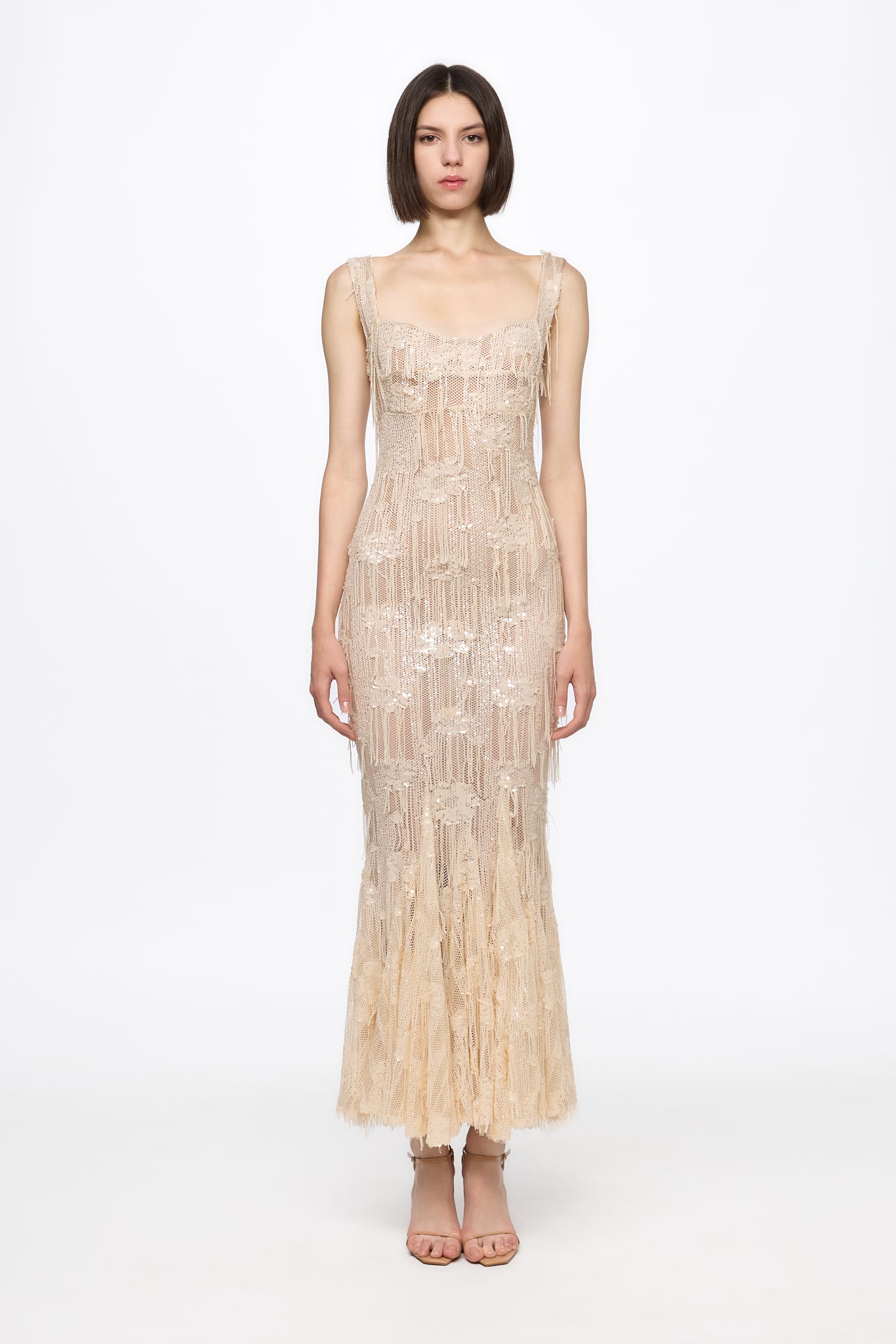 ATU Body Couture Sequins and Feathers robe midi corset vanille sequins