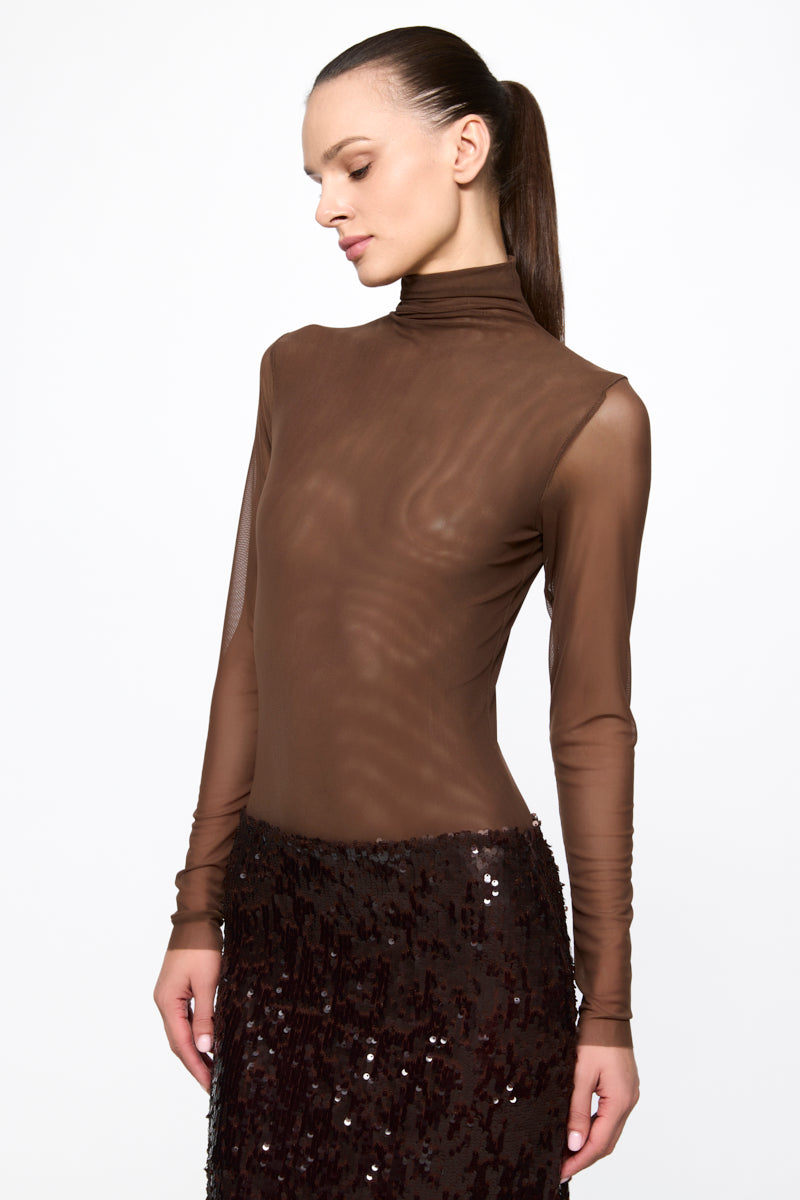 ATU Body Couture bodysuit tulle marron col montant manches longues