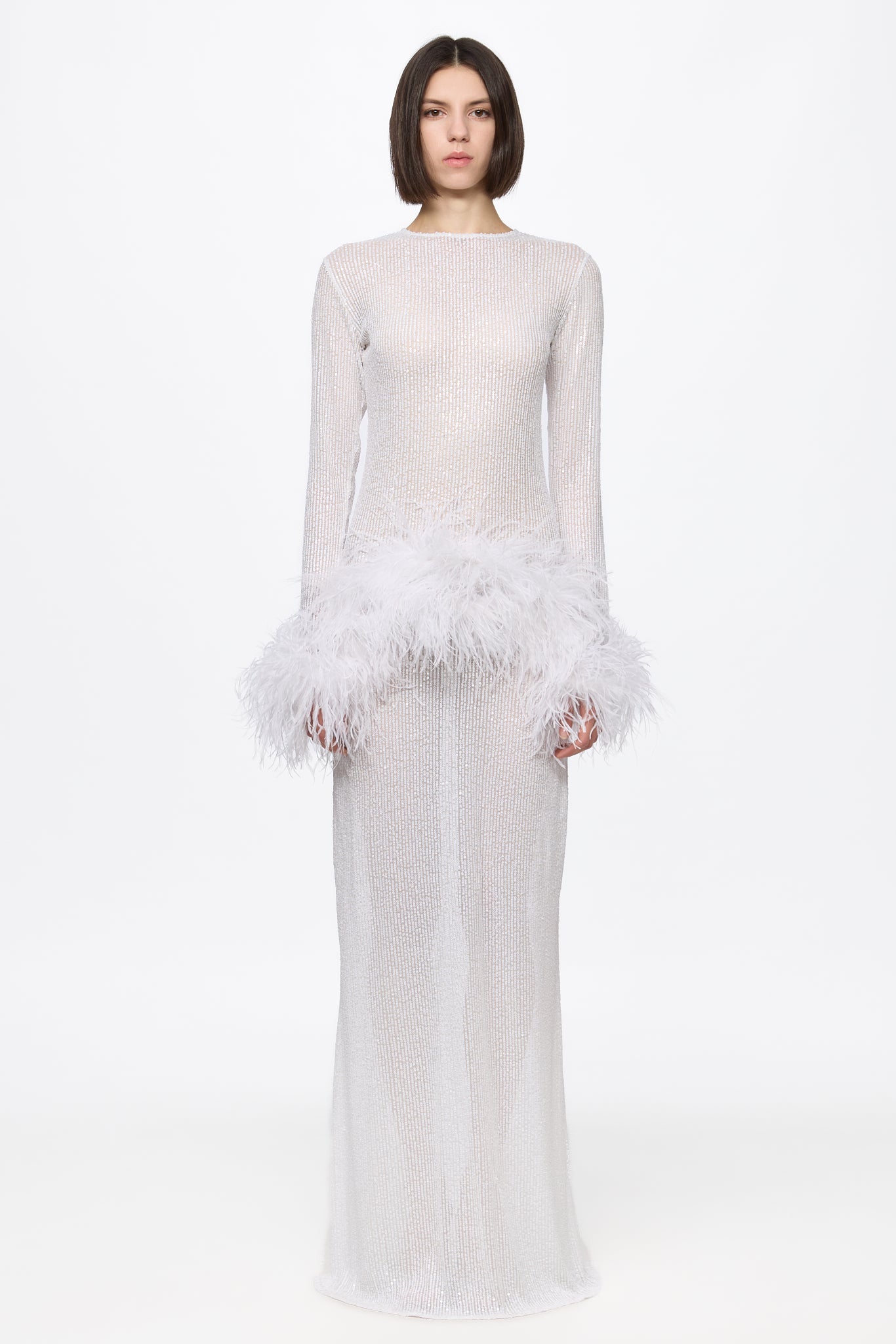 ATU Body Couture High Neck Sequin robe plumes blanche S