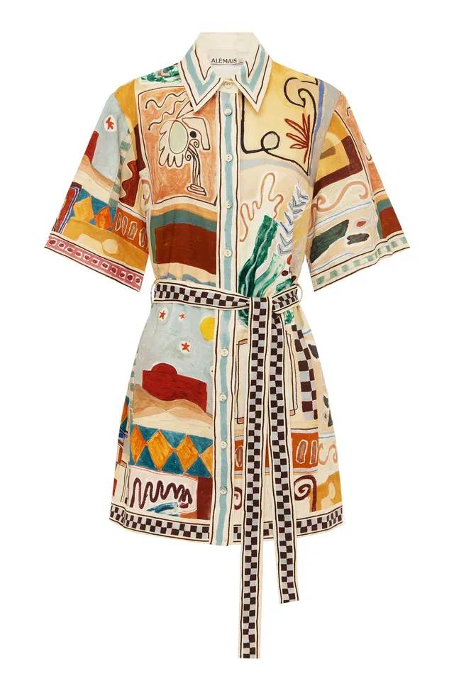 Alemaïs Michelle robe chemise mini lin imprimé ceinture