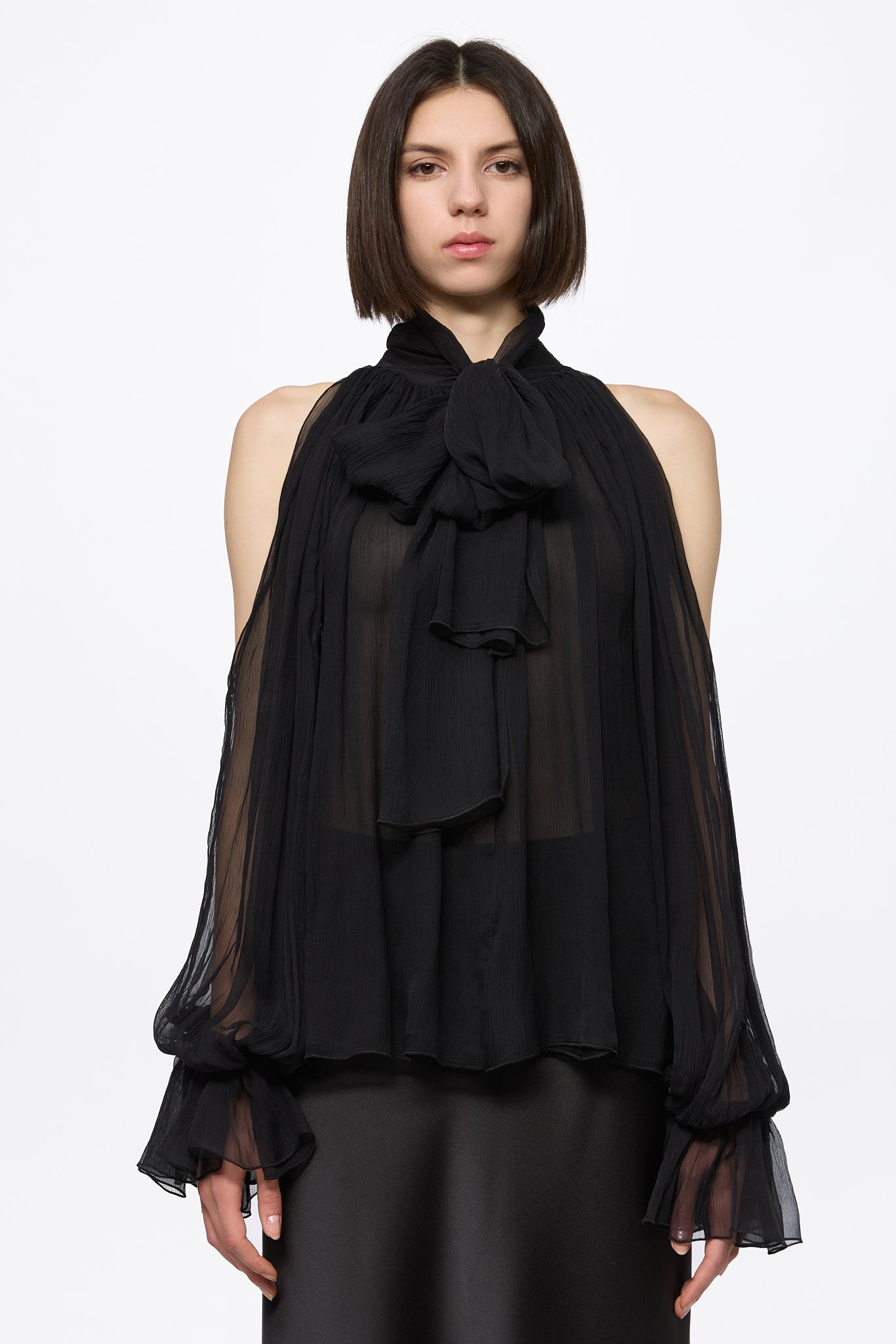 ATU Black Chiffon Shirt chemisier noir S soie