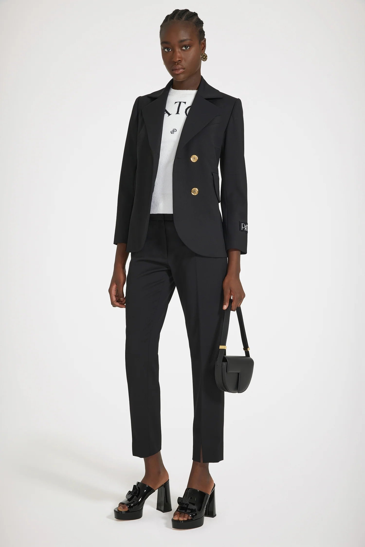 Patou JA035 veste tailleur laine noire ceinture