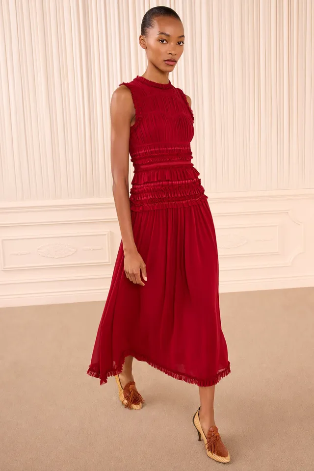 Ulla Johnson Etta FA260126 robe midi soie rouge Cerise