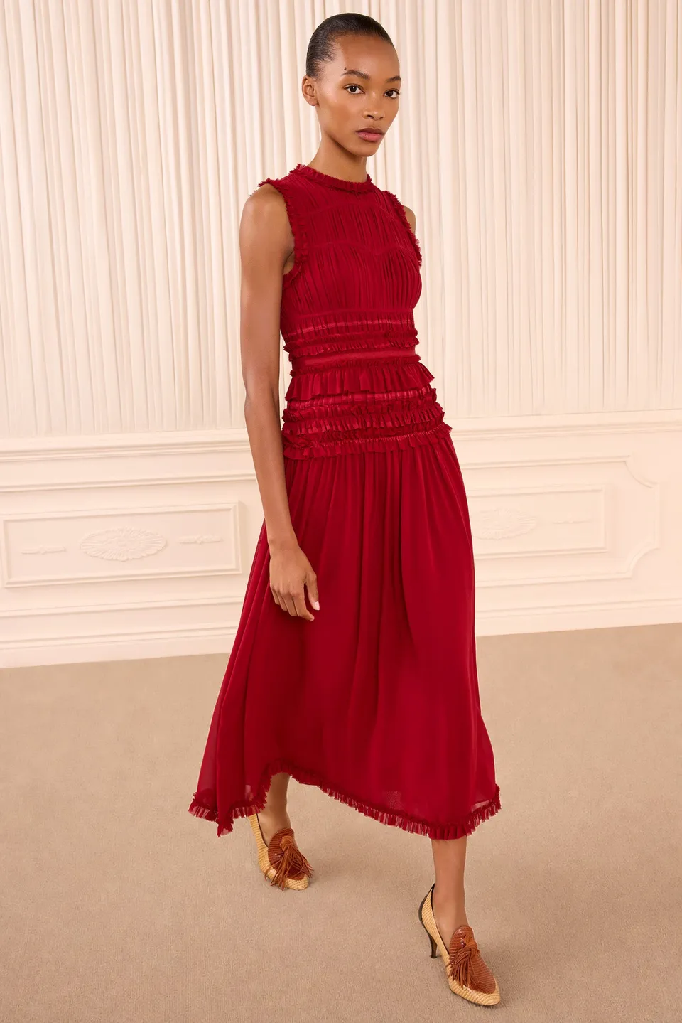 Ulla Johnson Etta FA260126 robe midi soie rouge Cerise