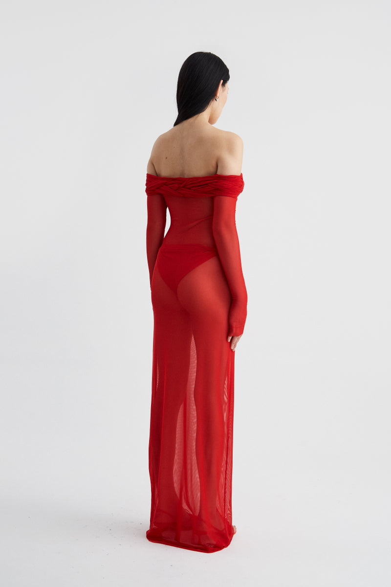 ATU Body Couture Tangled Sheer robe longue tulle rouge tressée