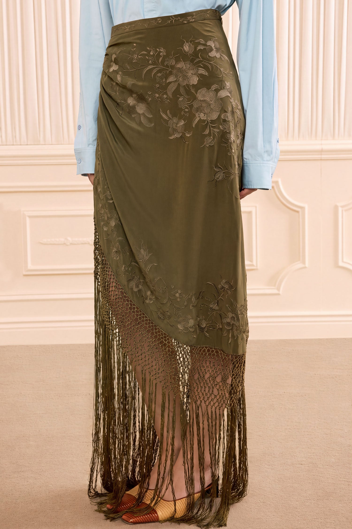 Ulla Johnson Lark FA260300 jupe soie Malachite midi brodée