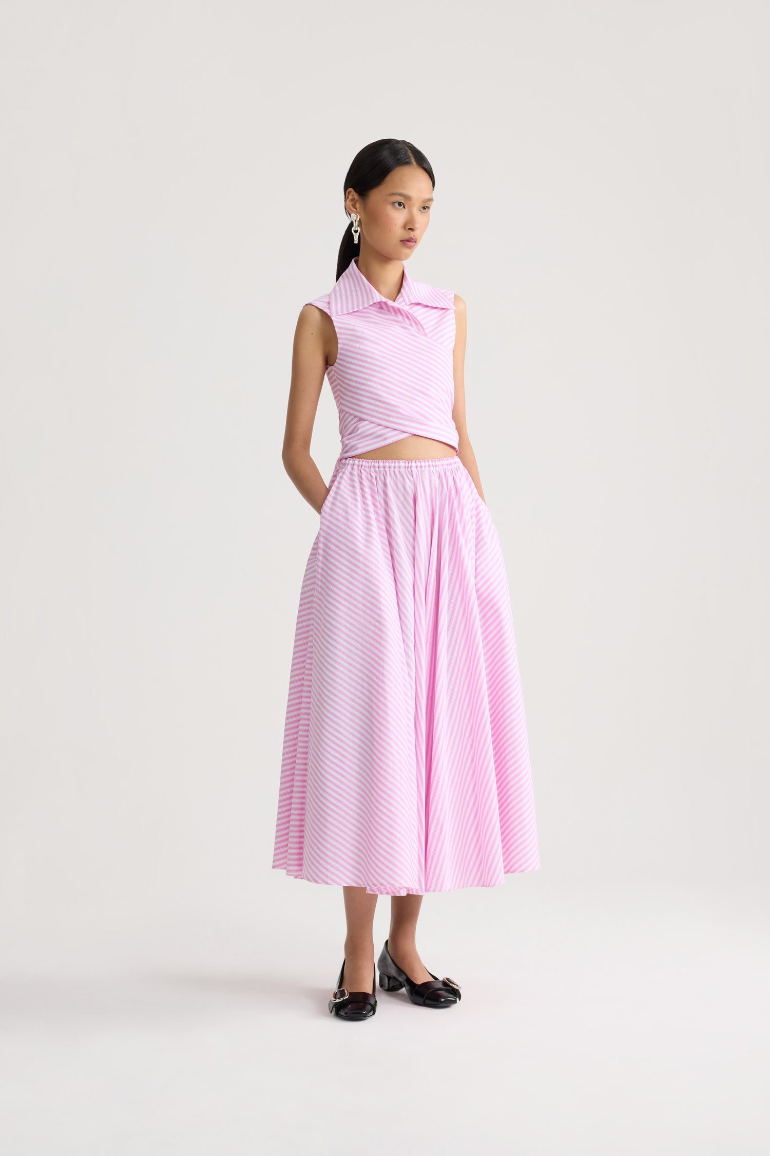 Patou SK111 jupe midi rayée faille recyclée rose Bougainvillea