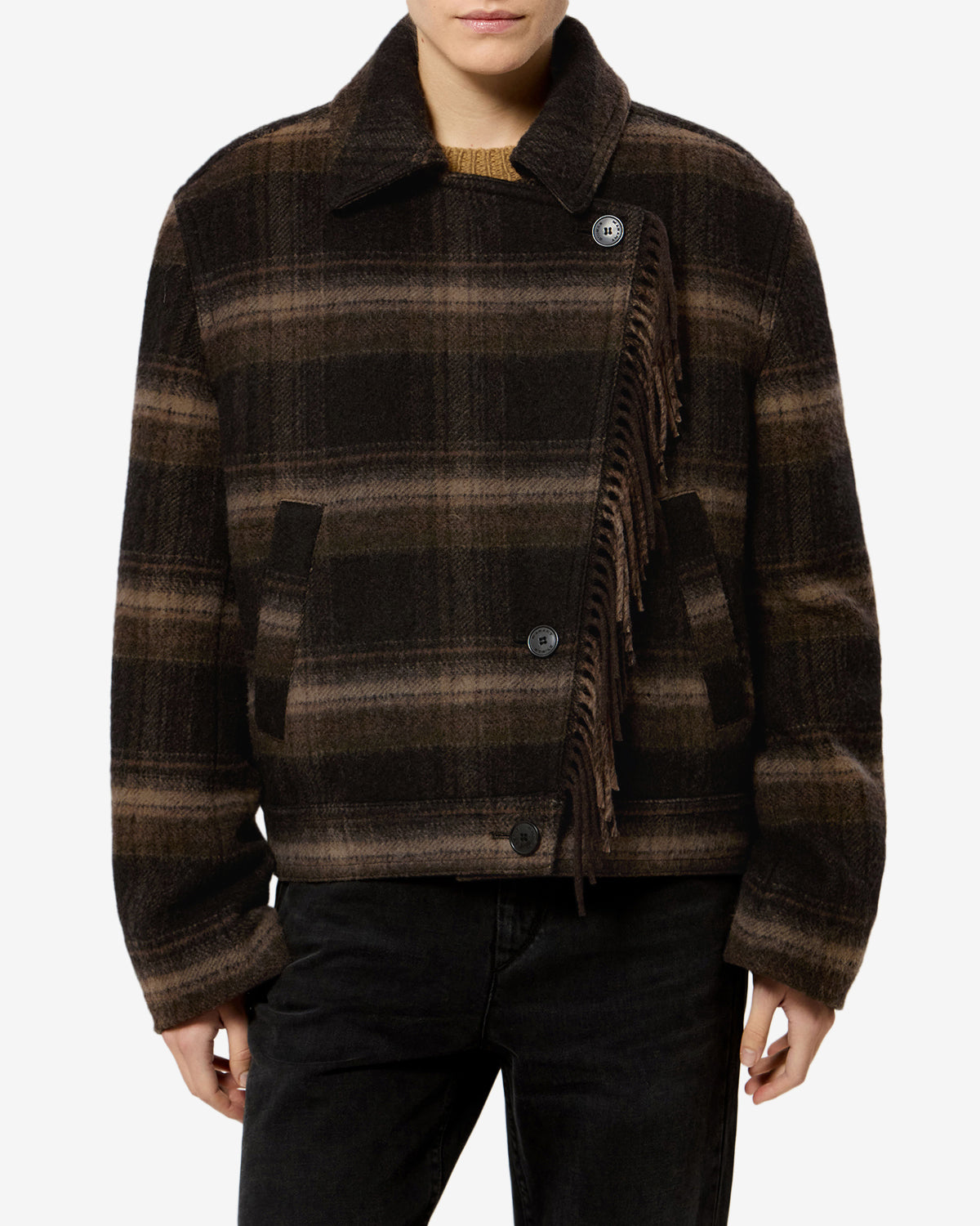 Isabel Marant Galeane manteau laine noir à carreaux franges