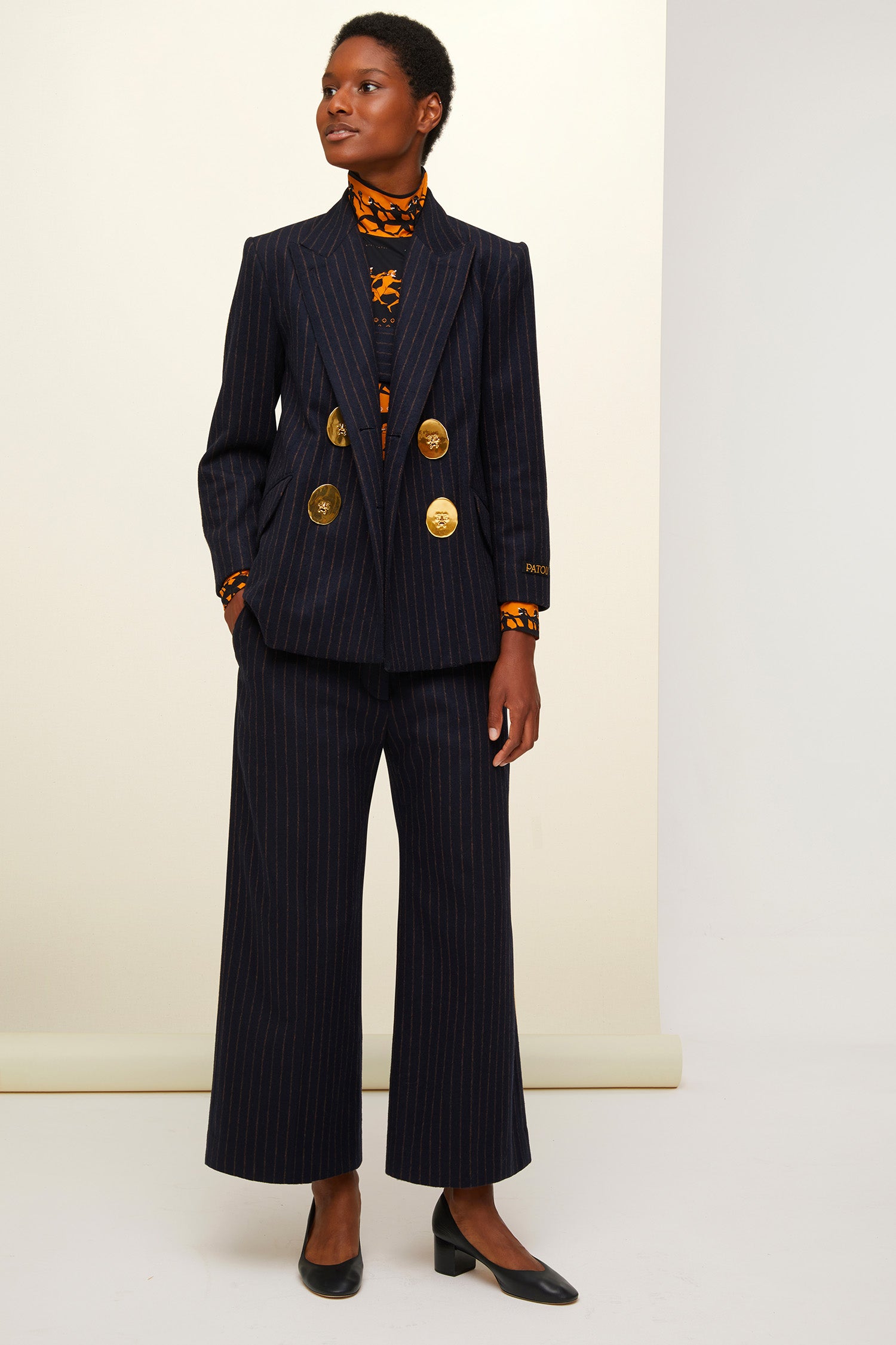 Patou JA001 veste croisée laine rayée marine sienna