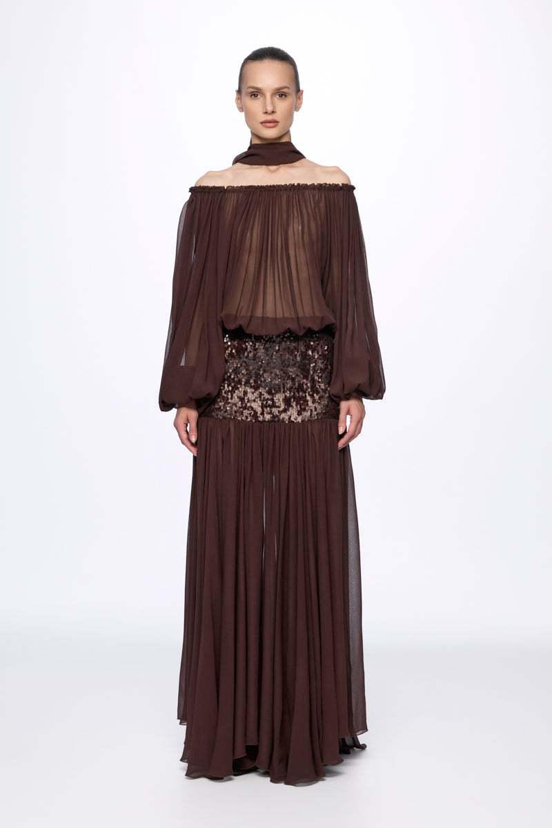 ATU Body Couture robe Sequin off-shoulder marron soie longue