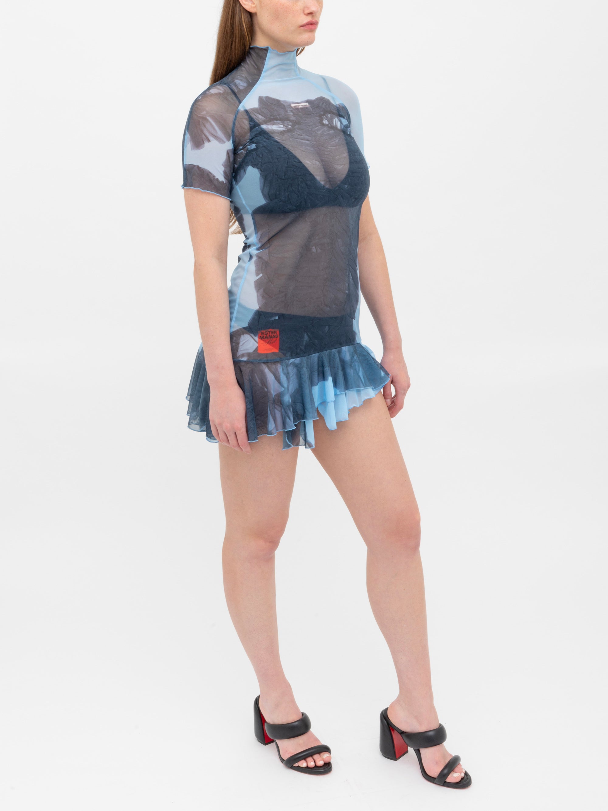 Ester Manas Mesh Print robe courte Blue Scan mesh stretch