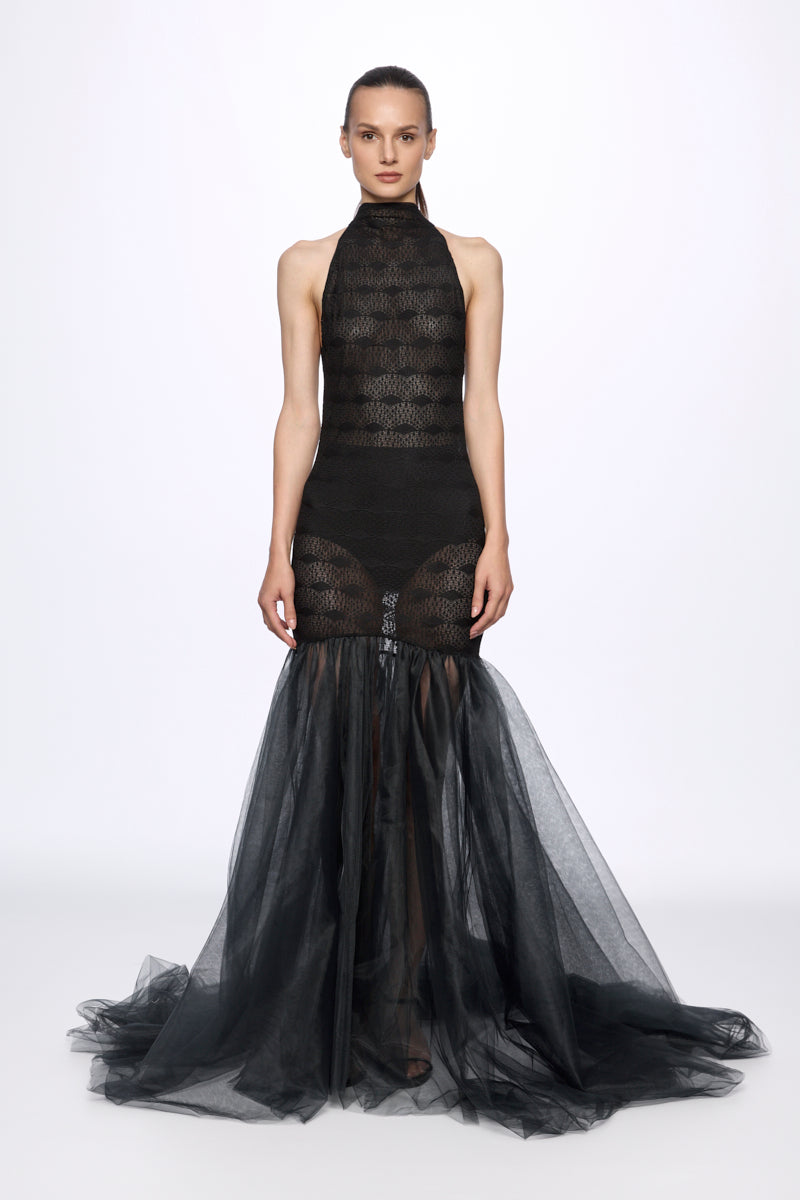 ATU Body Couture robe longue halter tulle noir S