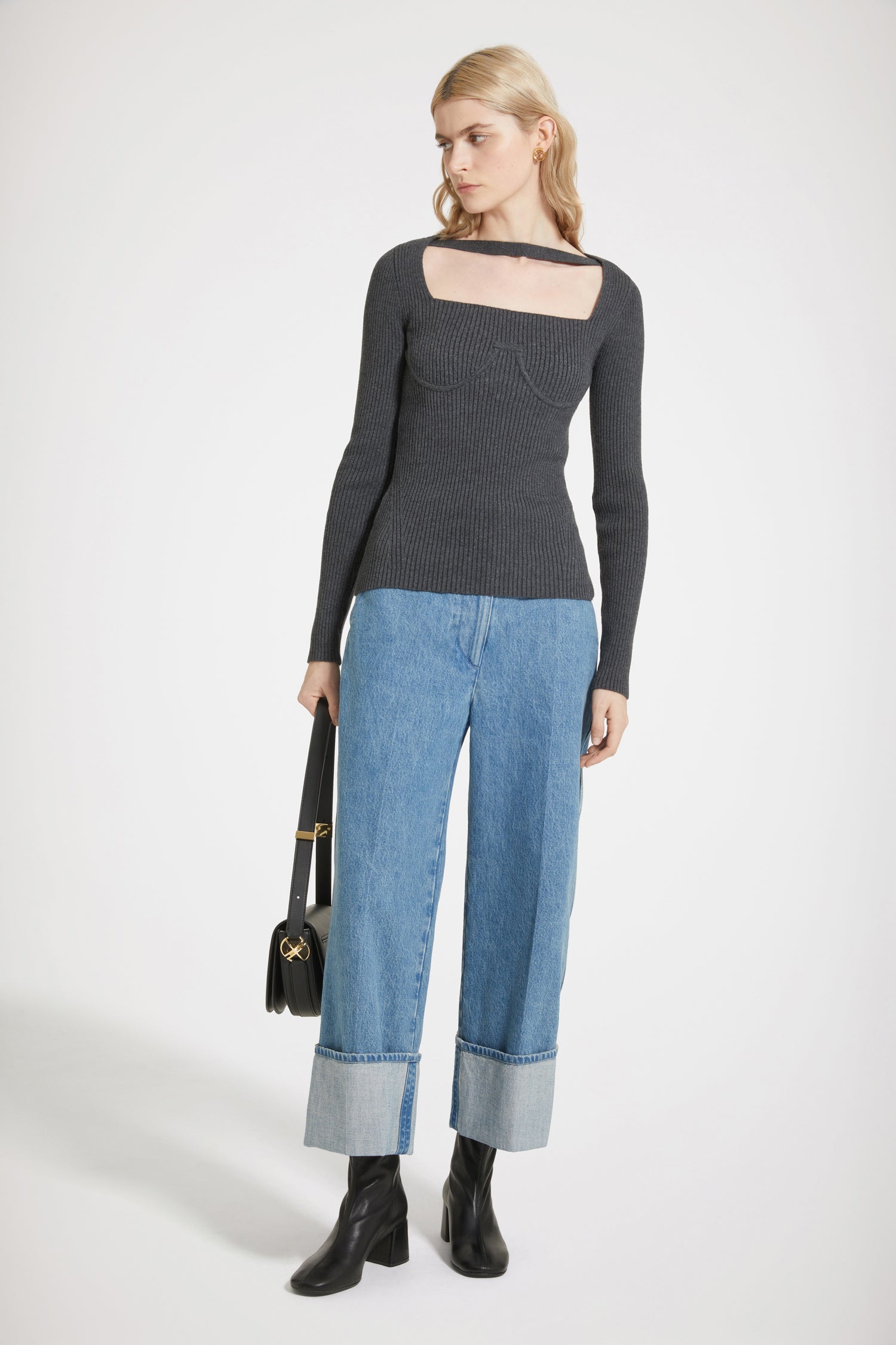 Patou Knitwear KN143 top corset anthracite laine col carré