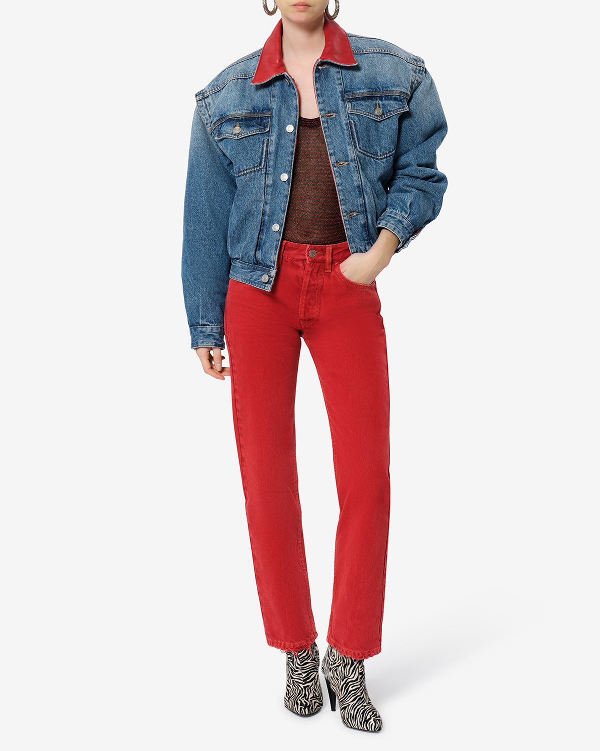 Isabel Marant Devyn veste en denim bleu col cuir rouge