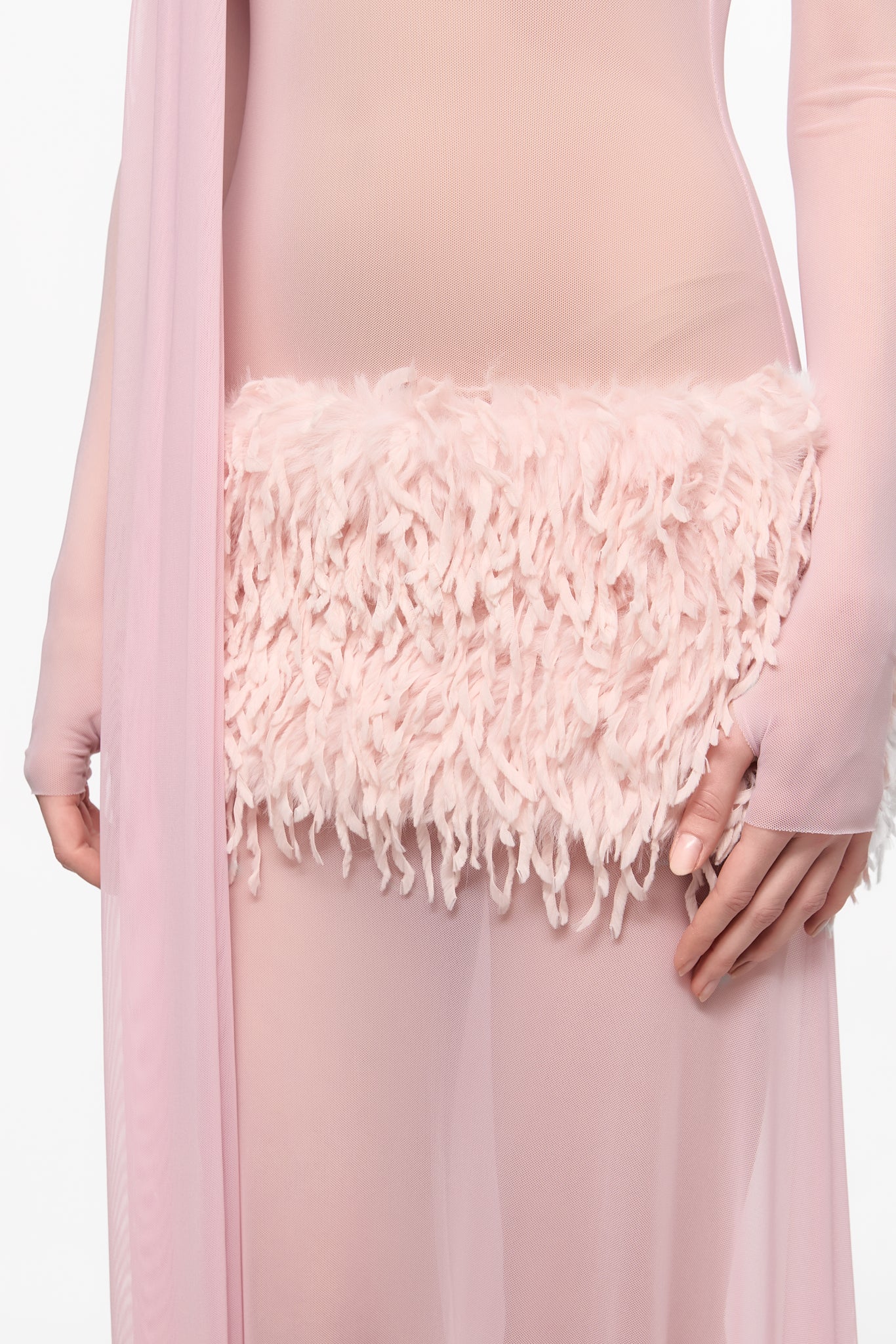 ATU Body Couture robe maxi rose plumes manches longues S