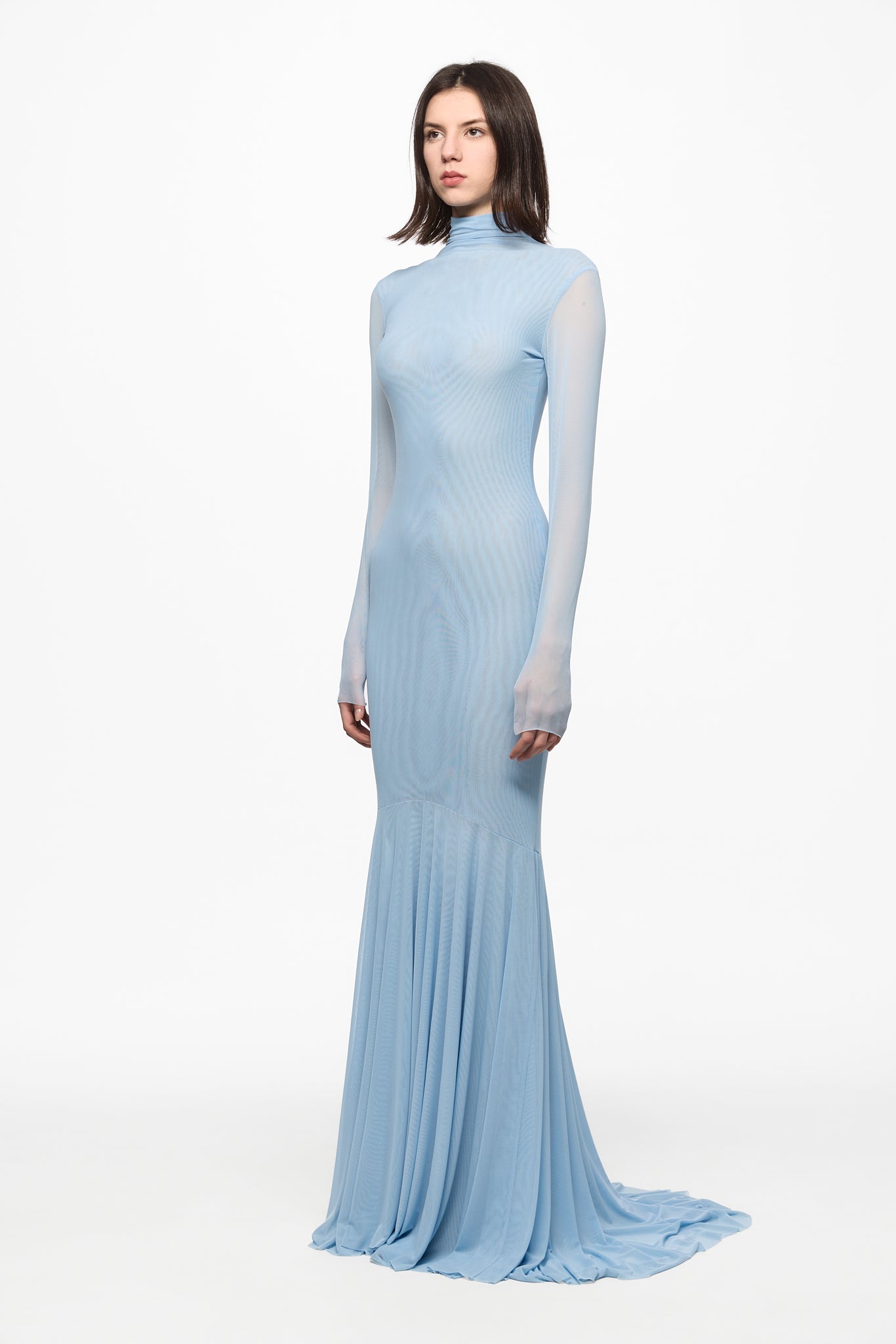 ATU Body Couture robe sirène mesh bleu ciel manches longues S