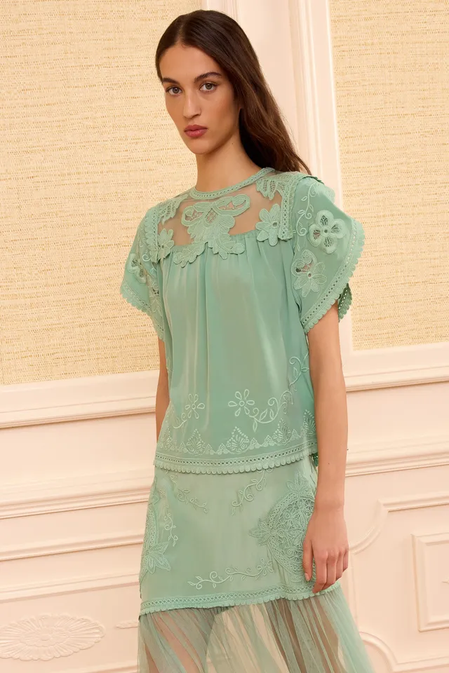 Ulla Johnson Alma Silk Top top soie vert dentelle