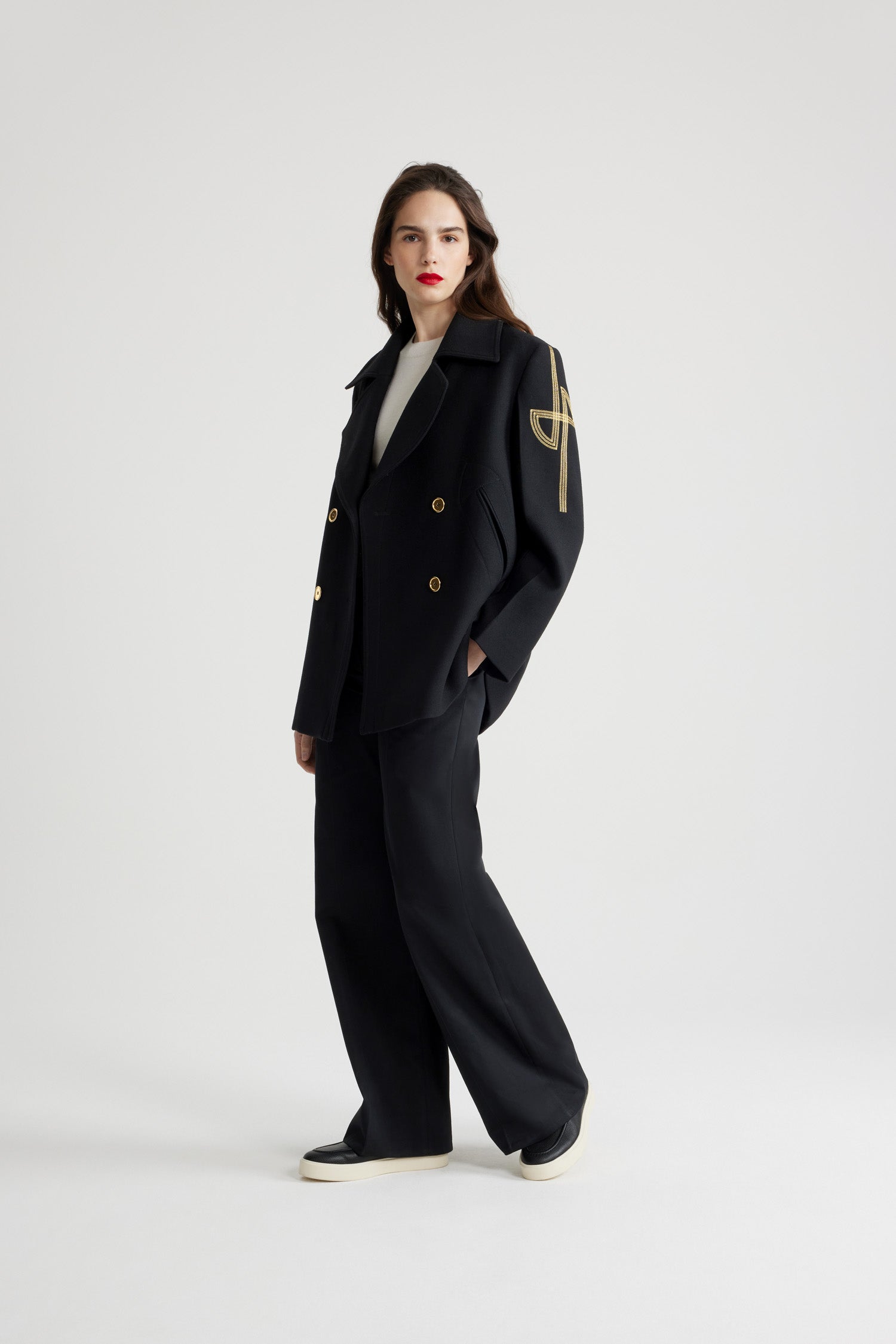 Patou CO001 caban laine Noir oversize double boutonnage