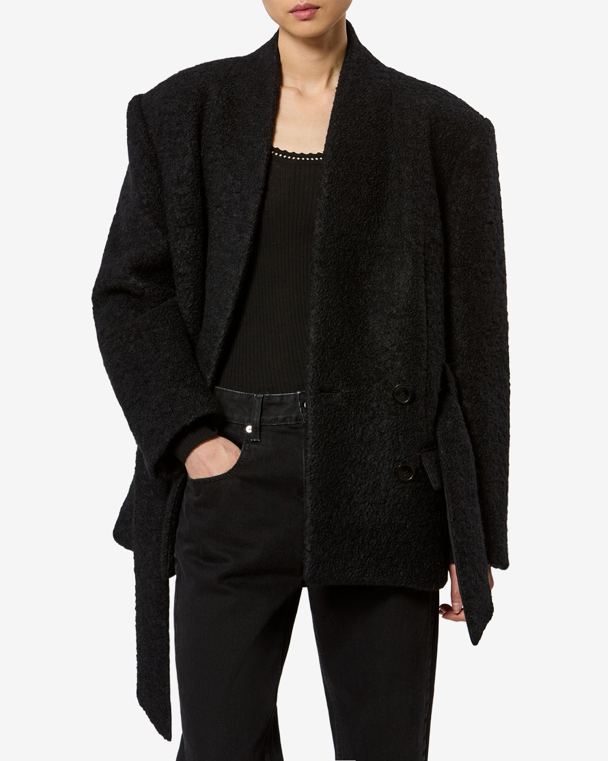 Isabel Marant Syndra veste laine noire ceinturée alpaga