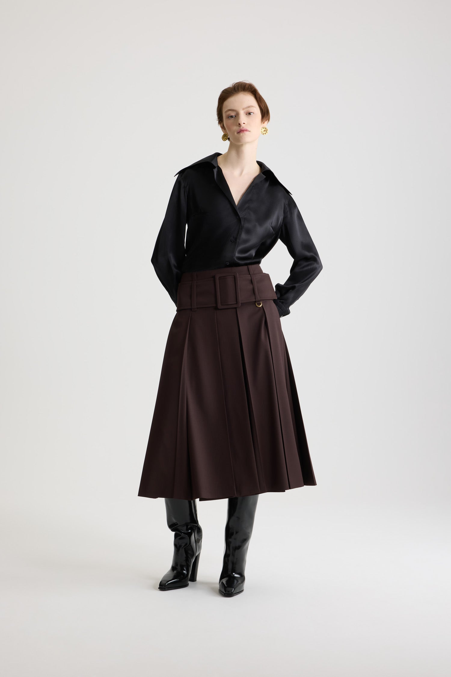 Patou jupe midi ceinturée laine technique ebony 34-44