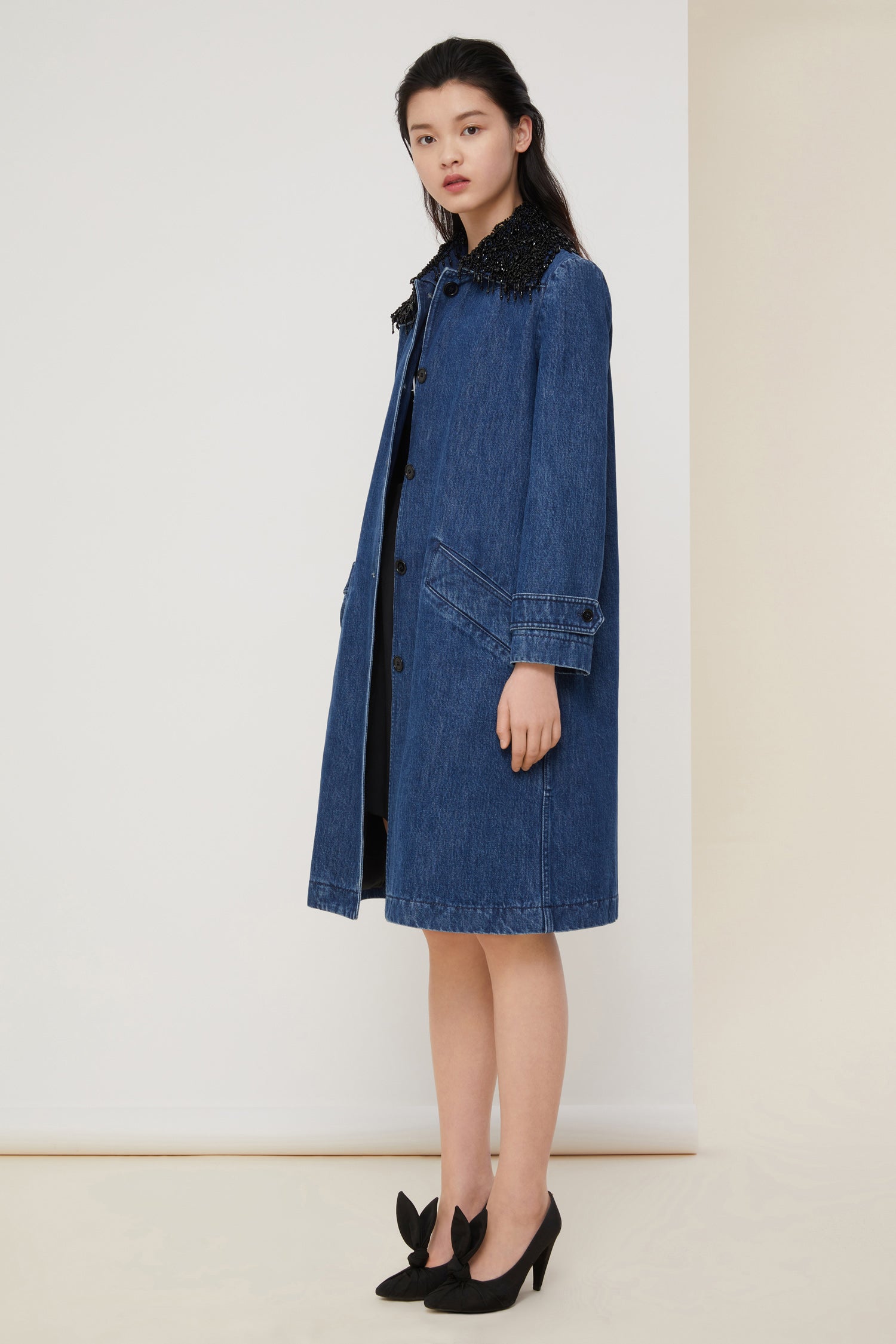Patou CO004 manteau denim Indigo Blue Pearls perles