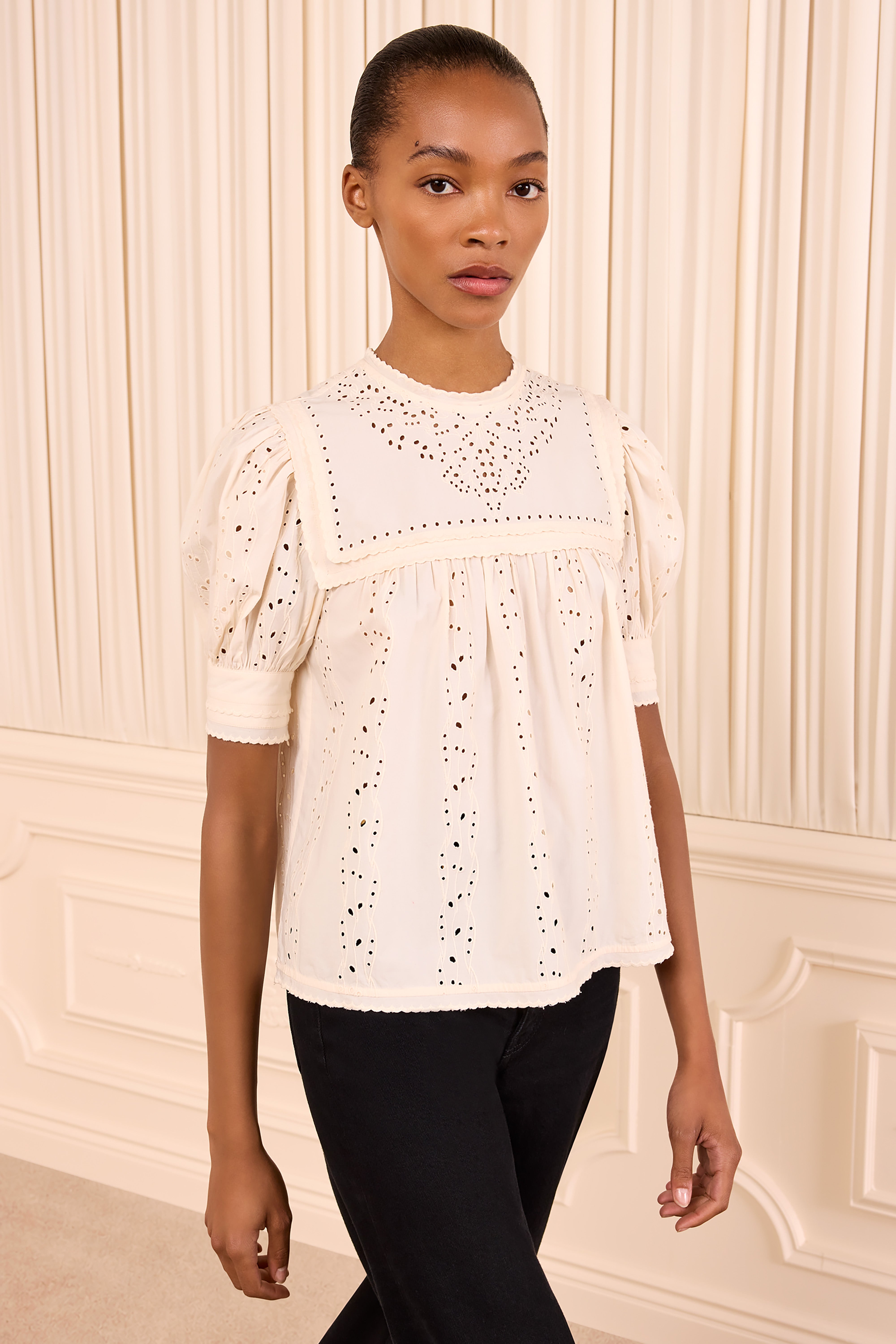Ulla Johnson Una Haut Coton Ivoire Manches Courtes Brode