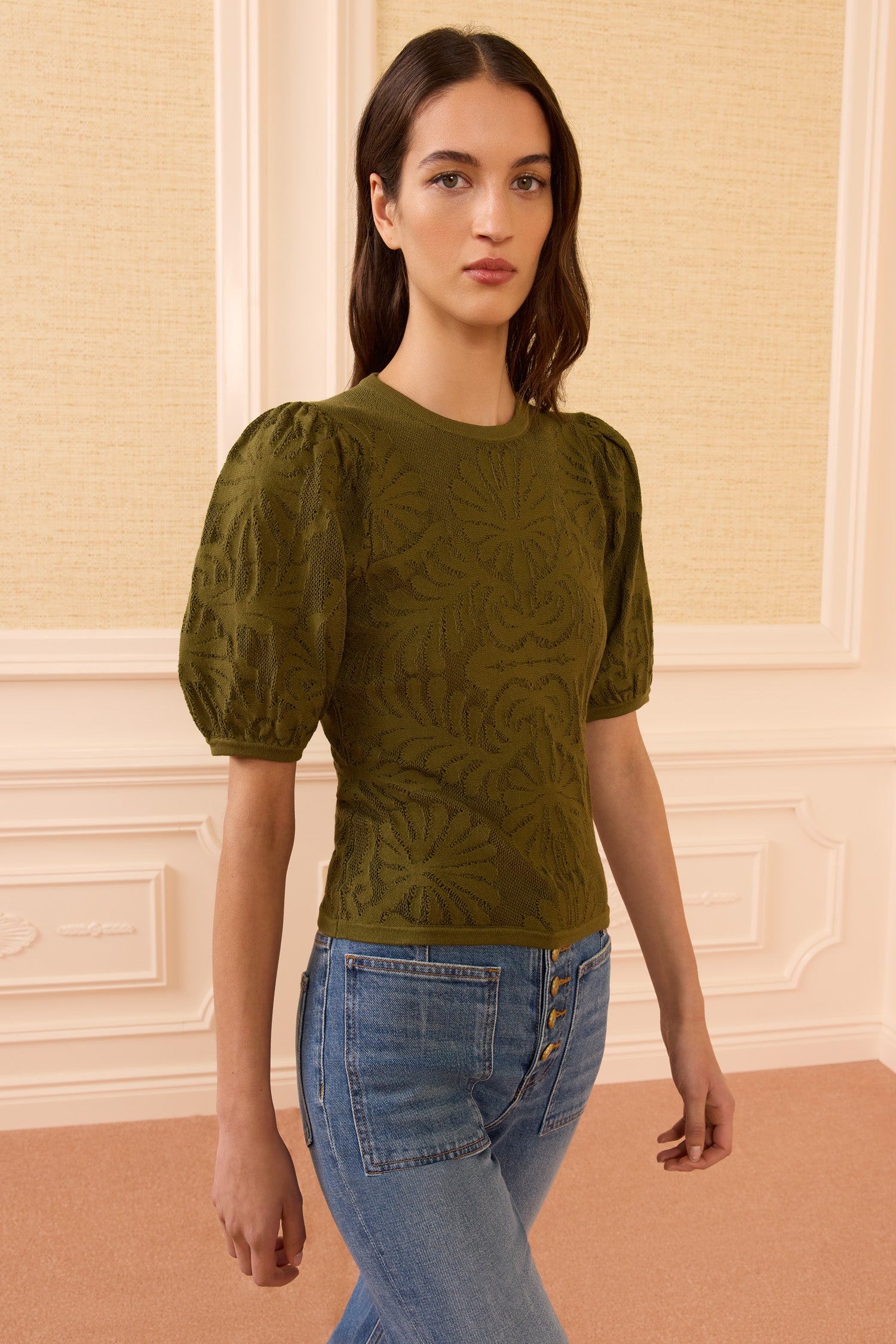 Ulla Johnson Carina Top Moss Jacquard Manches Courtes