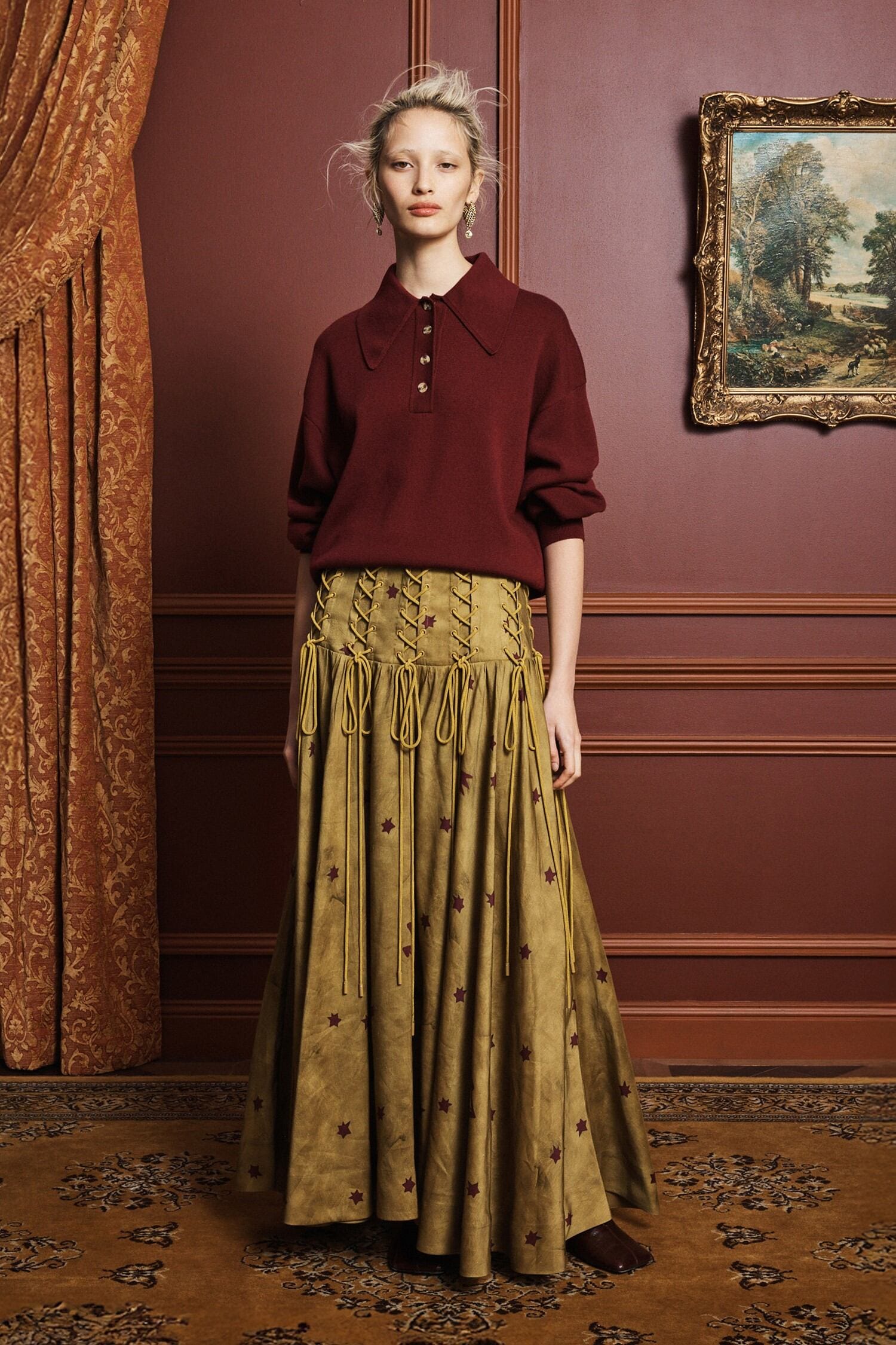 Alemaïs Astro jupe maxi lin olive étoiles taille 6 UK