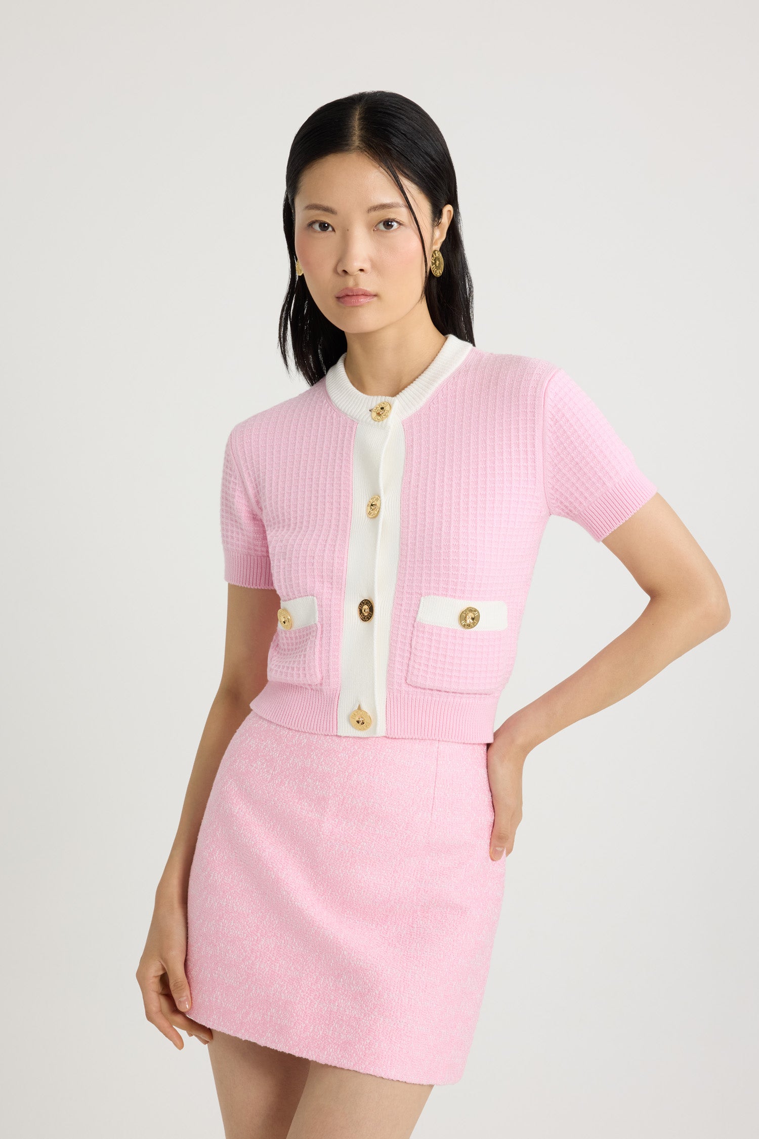 Patou P25KN2418087455P cardigan coton rose gaufré cropped