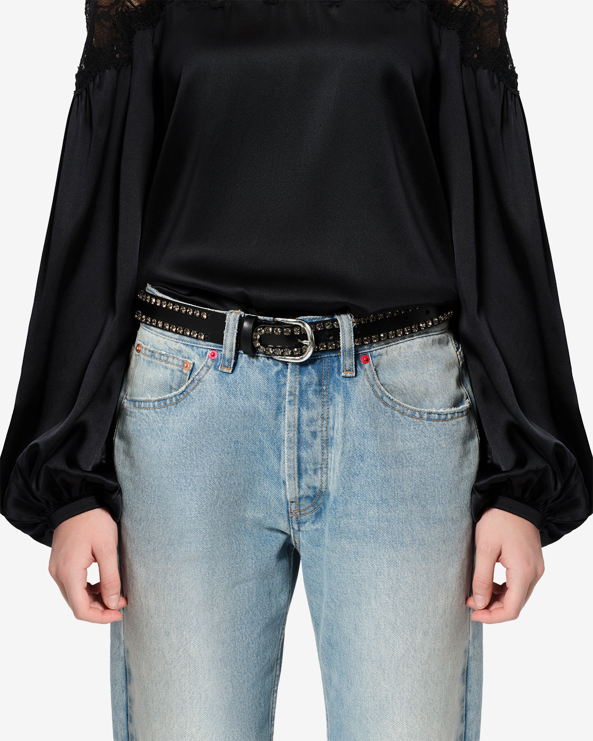 Isabel Marant Zap ceinture cuir noir-palladium strass 2,5 cm