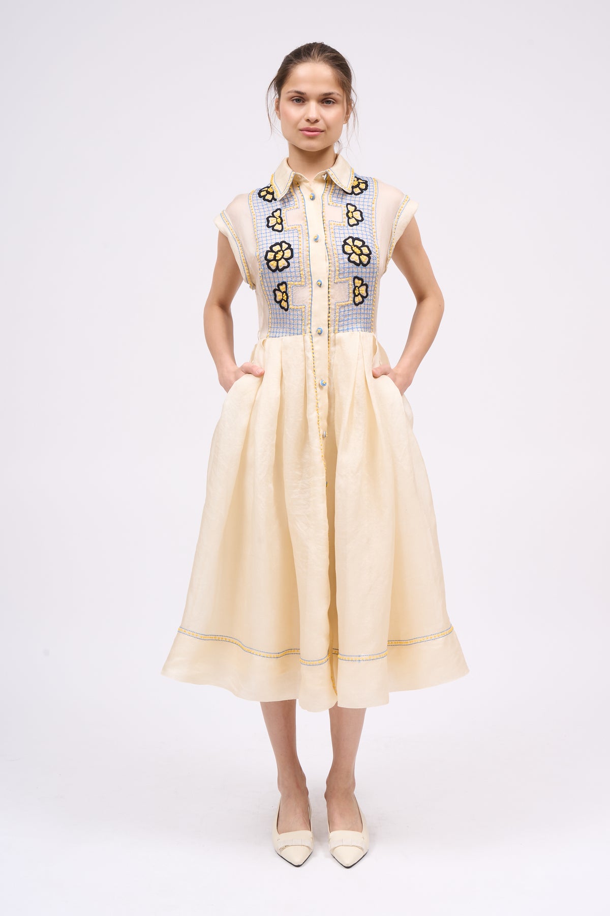 PAUL & JOE HYACINTHE robe-chemise soie brodée midi main